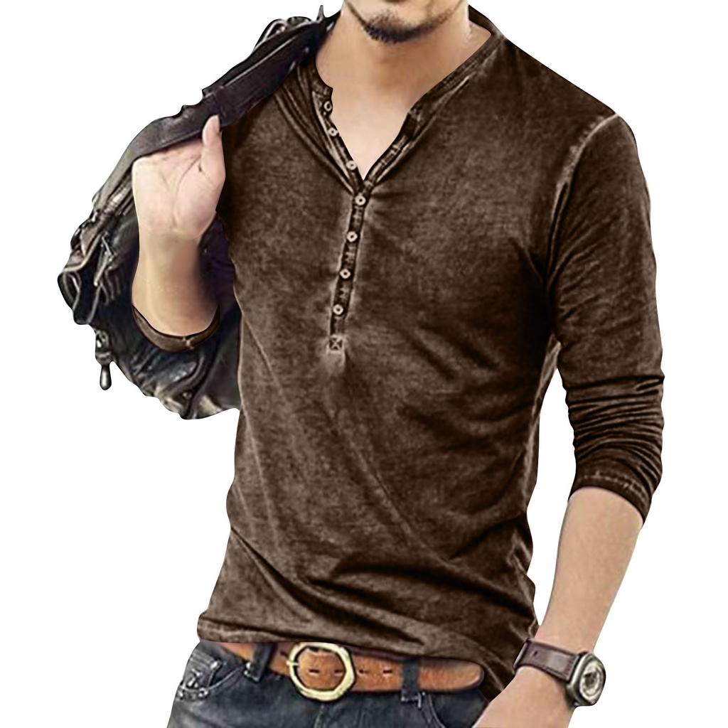 Men's Solid Color Long Sleeve Button Collar Long Sleeve T-Shirt Men's Casual Fashion Top