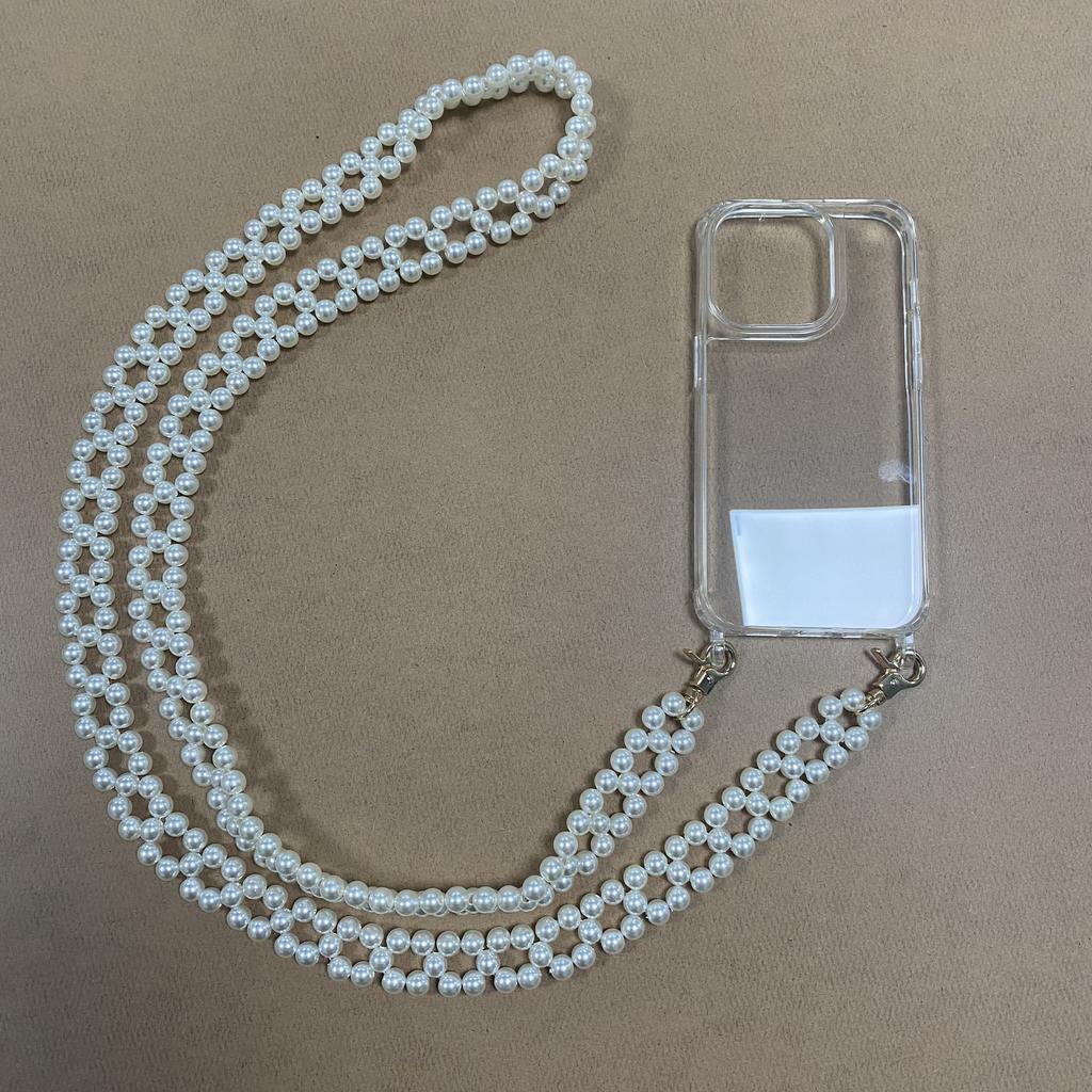 Luxury Fashion Long Pearl Bracelet Chain Transparent Shockproof Waterproof Crossbody Lanyard Phone Case for 11-17 Pro Max