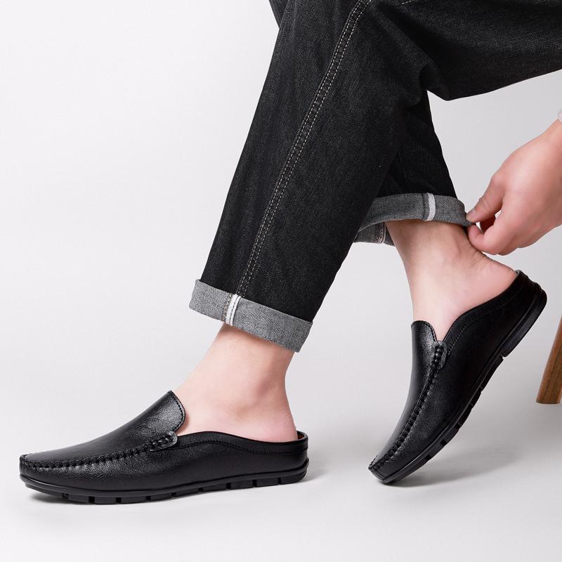 Fashion Casual Outdoor Mules Walking Shoes Lightweight Male Comfortable Loafers Men Casual Half Drag Men's Genuine Leather Slip-On Flats