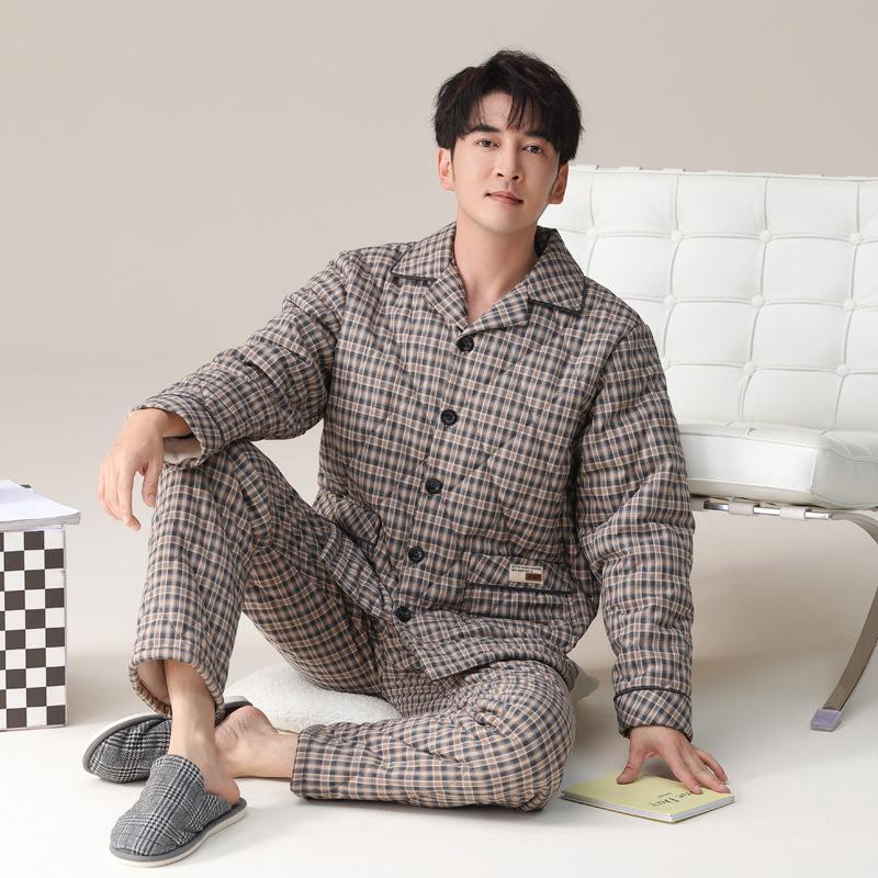 Pajamas Men'S Winter Velvet Thickened Woven Pure Cotton Three-Layer Padded Cotton Jacket Autumn And Winter Loungewear
