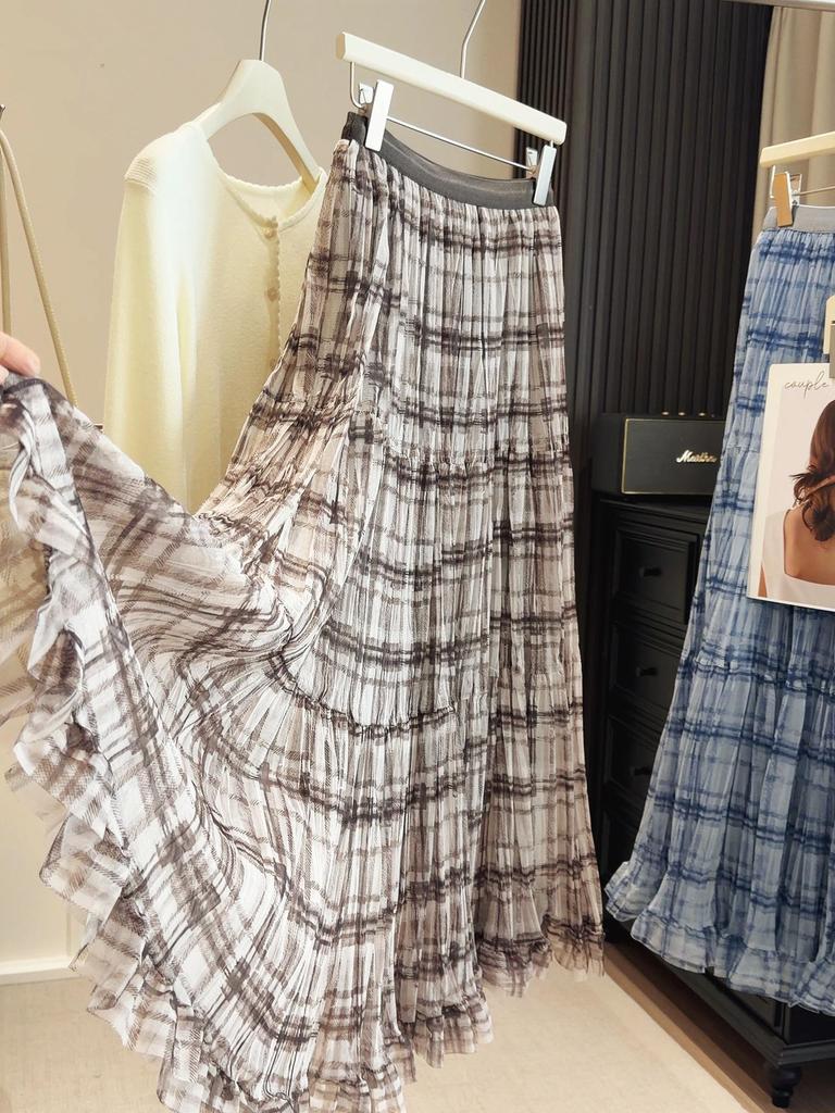 Elegant Pleated Plaid Lace Mesh Midi Skirt - Women's Spring/Summer Fashion