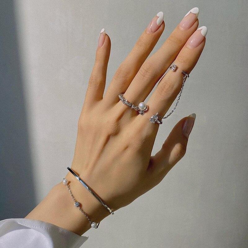 Sterling Color Combination Open Party Event Jewelry Rings Pearl Cubic Zircon Long Tassel Chain Finger Rings Women Best Gathering Souvenir