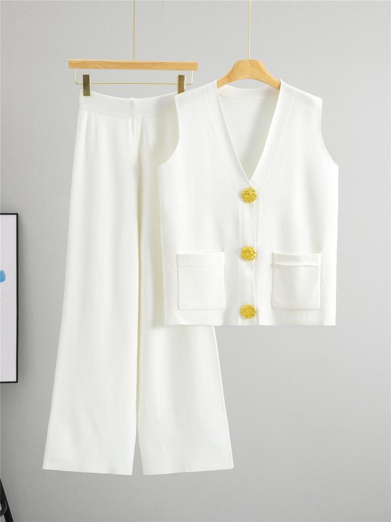 2025 Letní Móda Dvoudílný Pletený Vesta na Knoflíky & Sada Dlouhých Kalhot