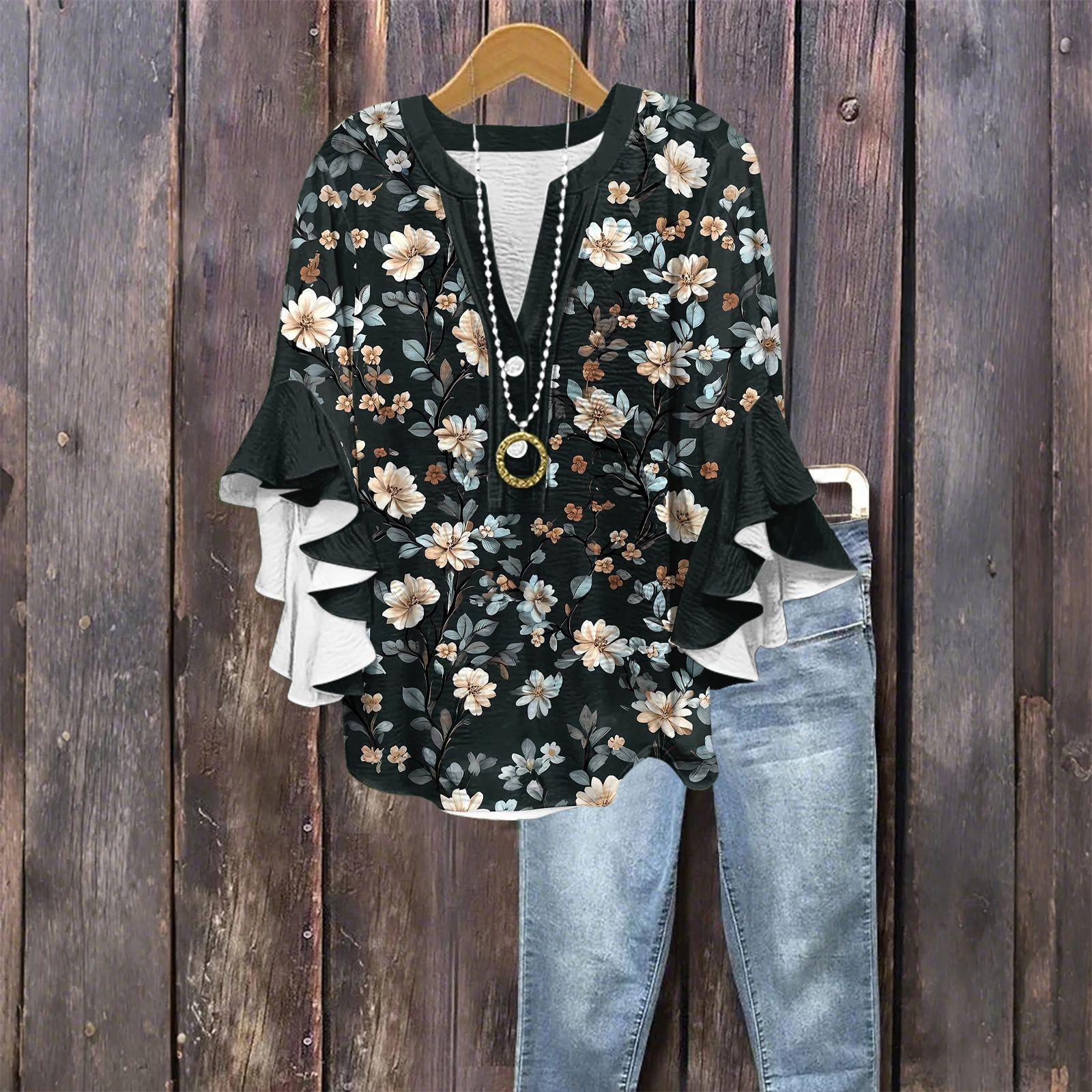 

Топы для женщин Милые блузки с V-образным вырезом на пуговицах с рукавом 3/4 Принтованный топ Повседневные рубашки M чёрный