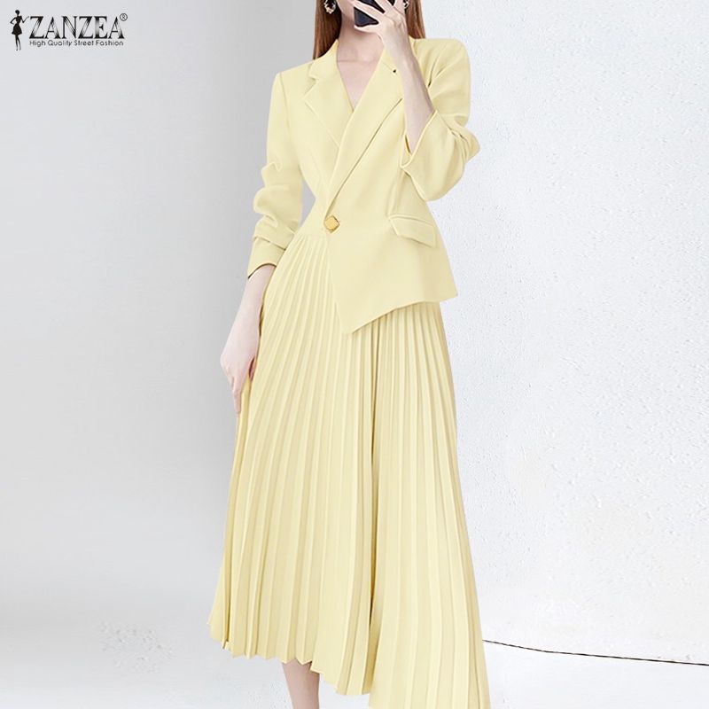 ZANZEA Women Turn Down Collar 3/4 Sleeve Loose Casual Long Dress