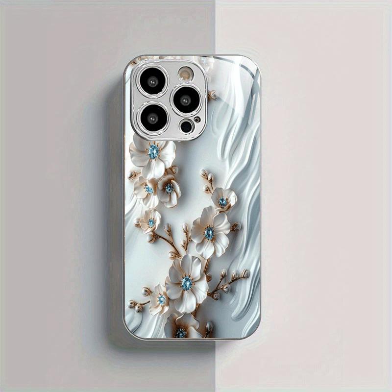 Light White Gilded Flower Pattern Electroplated Silver Tempered Glass New Phone Case for iPhone 17 16 15 14 13 12 11 etc