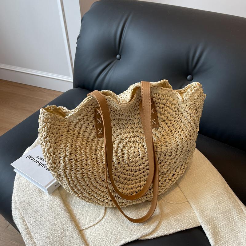 

Dali Tong Travel Straw Bag Stylish and Simple Casual Shoulder Women s Bag Beach Vacation Bag Large Capacity Tote Bag