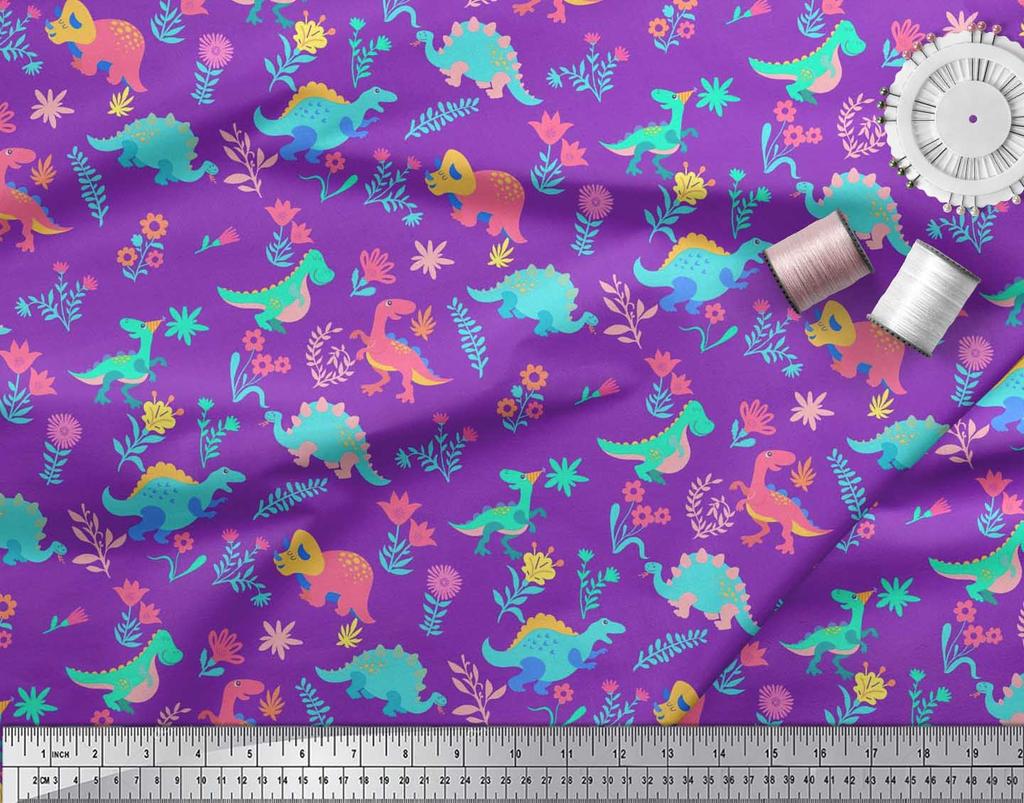 Soimoi Black Japan Crepe Satin Fabric Aster Flower & Dinosaur Kids Print Fabric by Metre 42 Inch