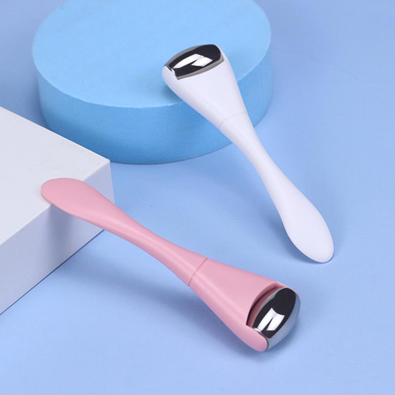 Dual-Head Stainless Steel Roller Eye Cream Stick with Silicone Beauty Massager and Spoon