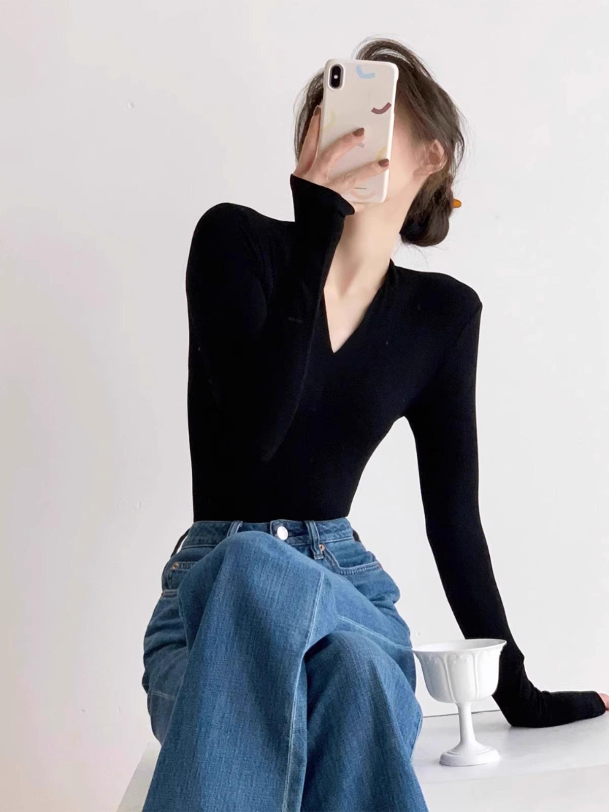 

Black Low-Cut V-Neck Slimming Long-Sleeve Top for Women - Sexy and Flattering Autumn/Winter Inner Wear XL 115-125 jin