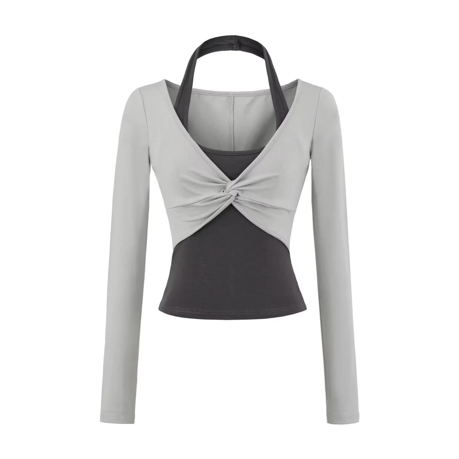 

Women s Autumn Spicy Girl Color Block Long-Sleeve Halter Neck Fitted T-Shirt Large
