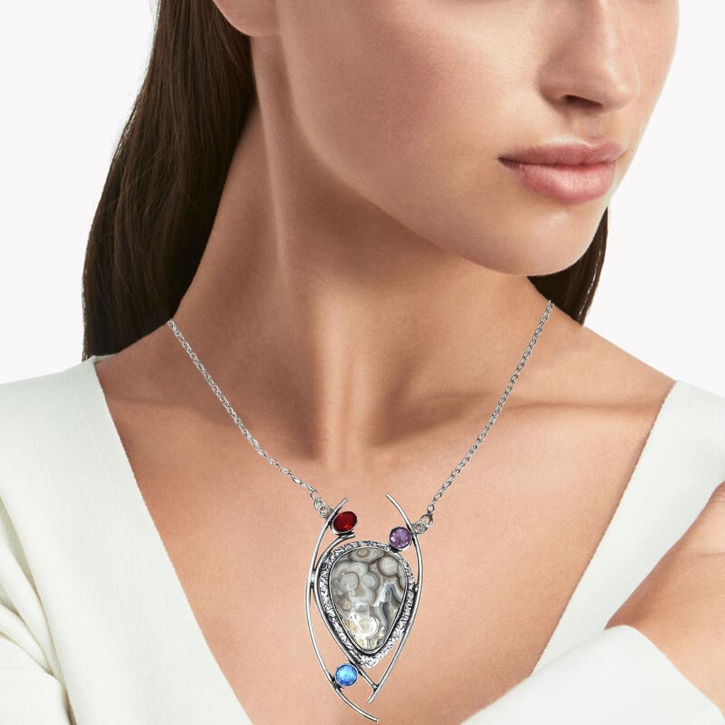 Crazy Lace Necklace Agate Gemstone Pendant Silver Natural Jewelry  Jewelry