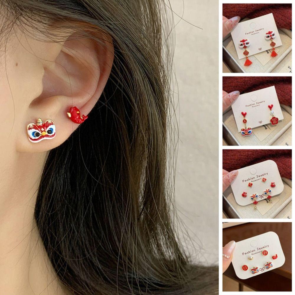 Good Luck Lion Dance Earrings Set Tassel New Year Earrings Trendy Bell Ear Studs  Ear Accessories