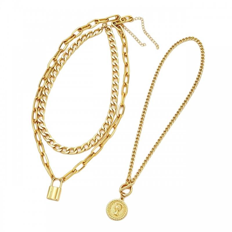 Luxury Style Womens Necklace Set 3-layer Round Pendant OT Clasp Fashion Jewelry