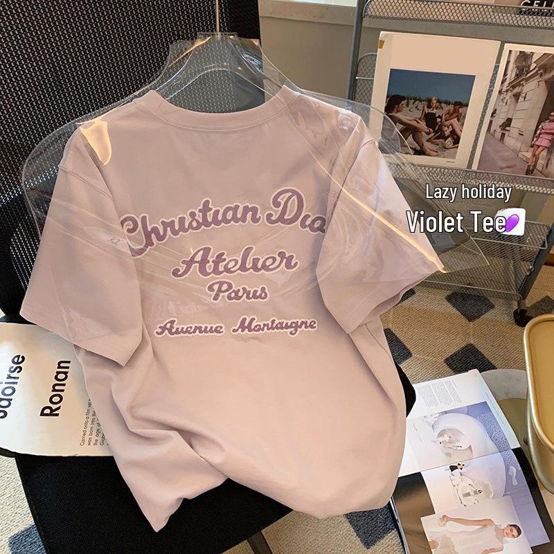 

Женская футболка оверсайз фиолетового цвета с вышивкой буквы T - Чистый хлопок, короткий рукав, летняя мода. Medium фиолетовый