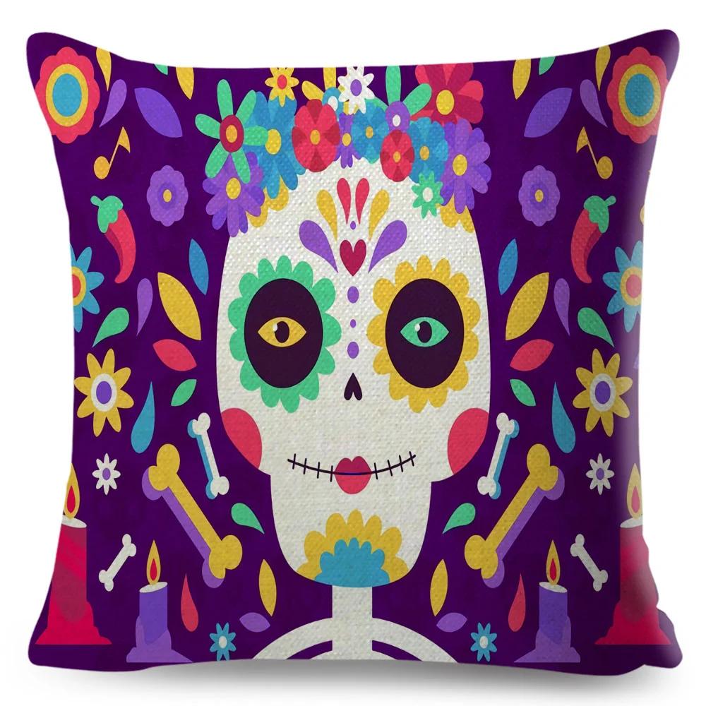 Day Of The Dead Pillowcase Decor Cartoon Mexico Flower Skull Print Cushion Cover for Sofa Home Polyester Pillow Case 45x45cm