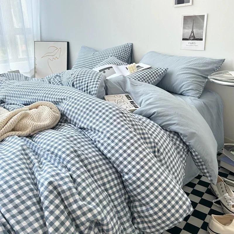 3/4PCS Striped Plaid Duvet Cover Set with Sheet 2Pillowcases Soft Skin Friendly No Filling Warm Twin Full Queen Size Bedding Set