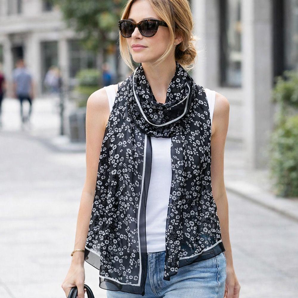 Floral Print Sunscreen Shawl Long Shawl Silk Elegant Chiffon Scarf  Women's Fashion