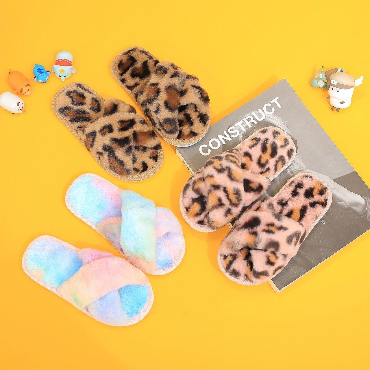 

Foreign trade autumn and winter leopard print cross parent-child children s fluffy slippers home floor plush tie-dye colorful cotton slippers 34-35