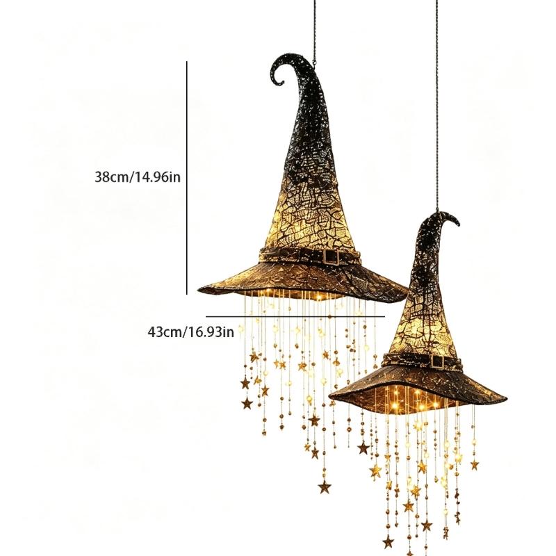 Hat Halloween Hanging Piece with Warm LED Light and Hanging Star for Porch Window Entryway Seasonal Accent Display Piece