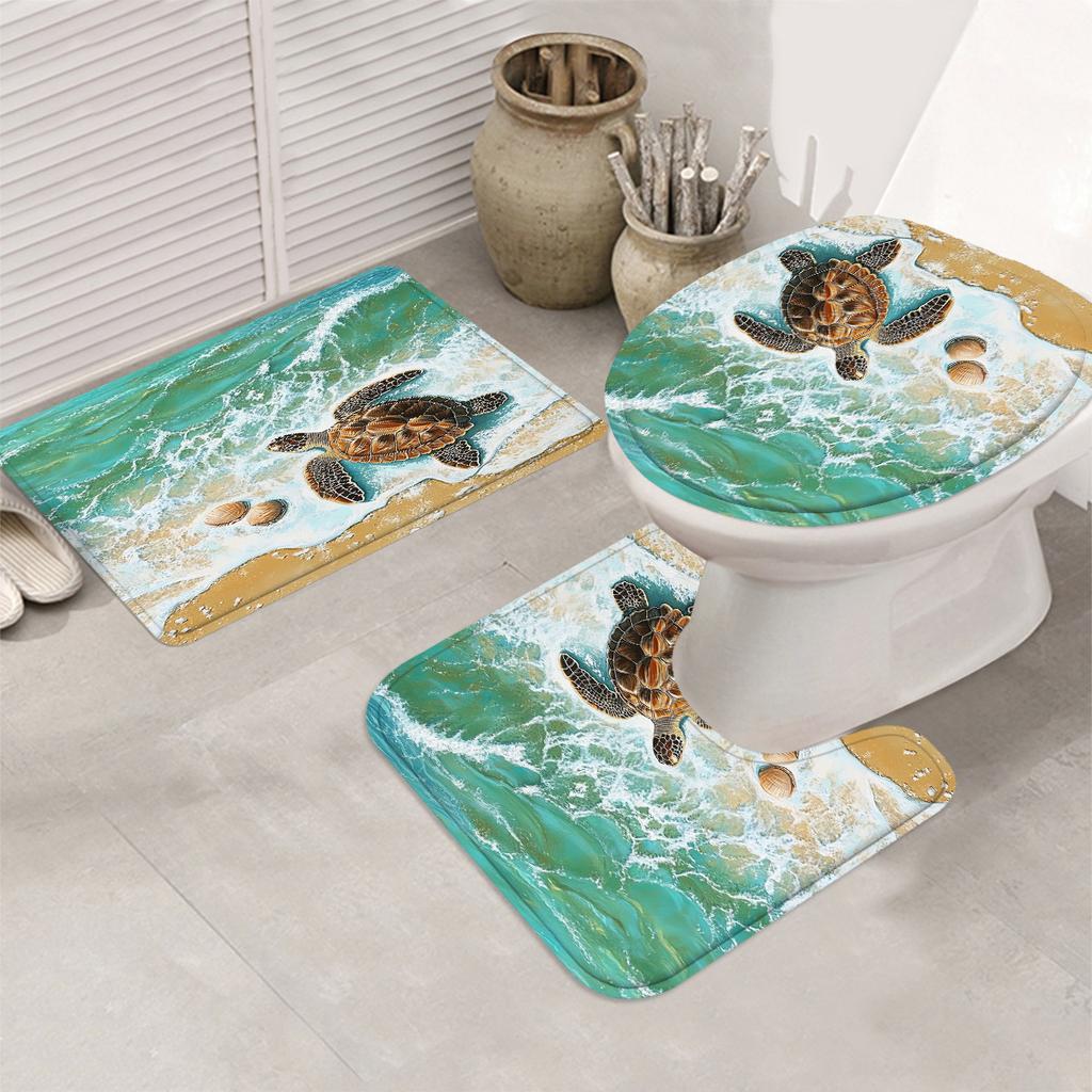 Sea Turtle Shower Curtain Set With 12 Hooks - Polyester Fabric, Non-Slip Bath Mat, Toilet Seat Cover, And U-Shaped Rug - Machine