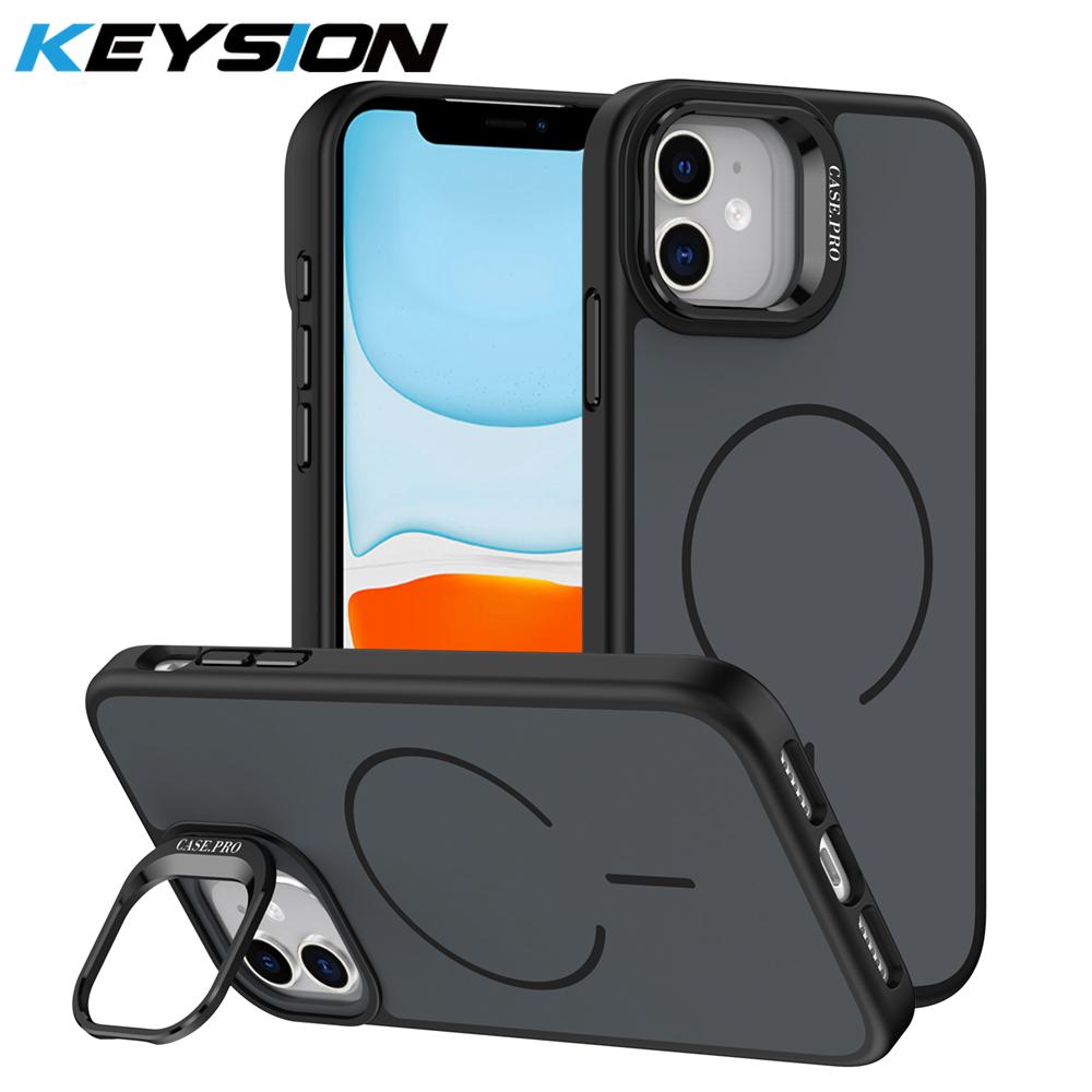 KEYSION Matte Skin Feel Lens Stand Phone Case for Magsafe for iPhone 11 12 Pro Max Magnetic Wireless Charging Shockproof Cover