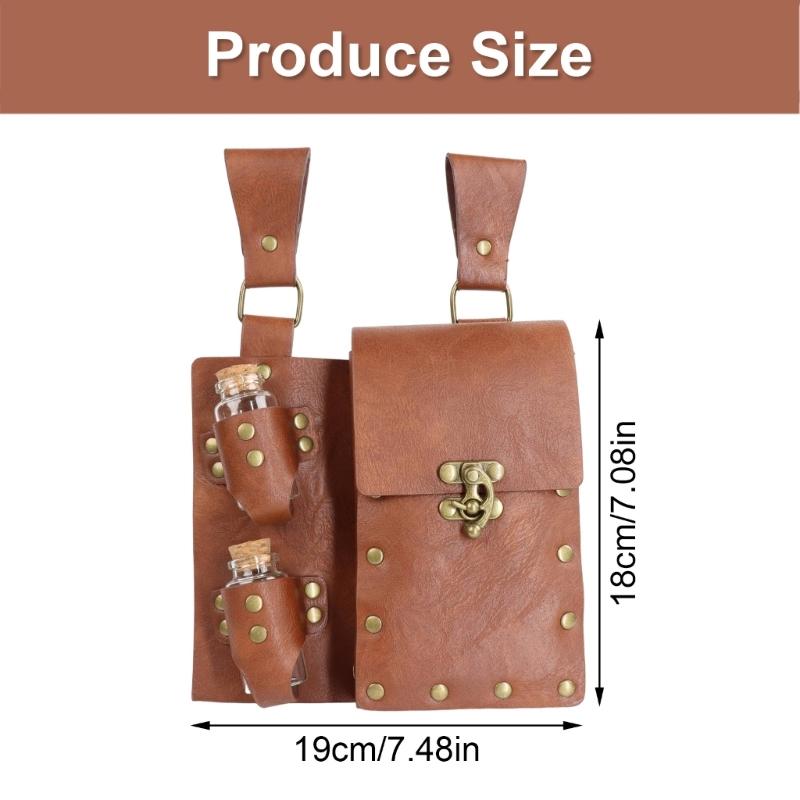 Medieval Leather Belt Pouches With 2 Potion Bottle Halloween Wizard Waist Pouches Side Pack Halloween Costume Accessory