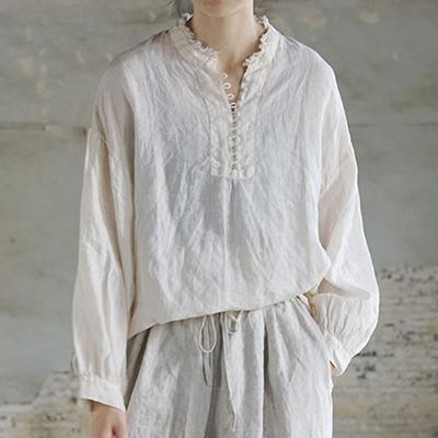 Autumn Cotton Linen Stand Button Long Sleeve Irregular  Loose Shirts