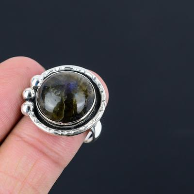 925 Sterling Silver Round Labradorite Gemstone Trendy Stackable New Ring Jewelry