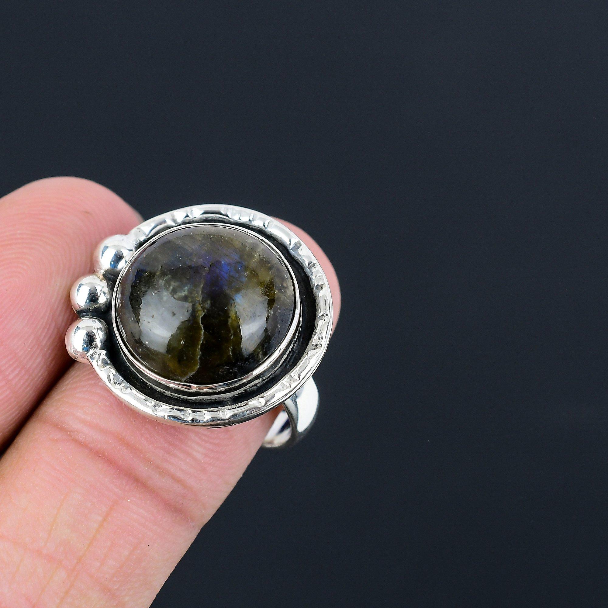 925 Sterling Silver Round Labradorite Gemstone Trendy Stackable New Ring Jewelry 9