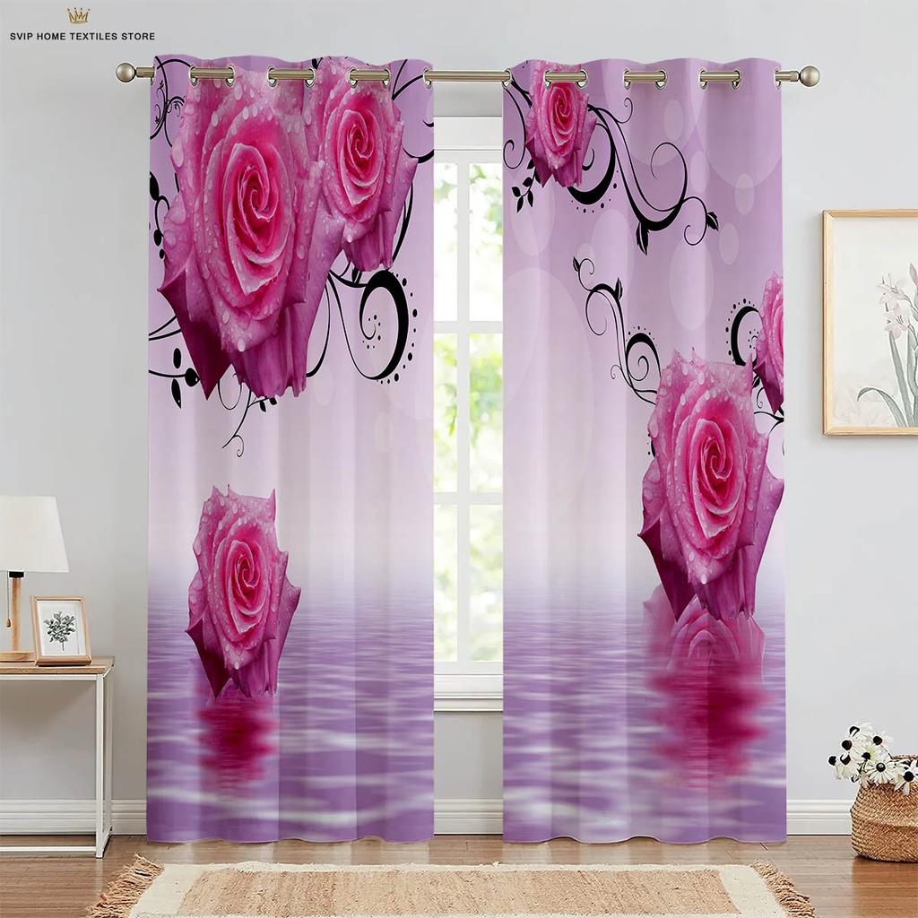 2pcs Butterfly 3D Stereo Flower Printing Curtain Rod Pocket Bedroom Living Room Kitchen Decorative Curtain Easy To Wash and Care