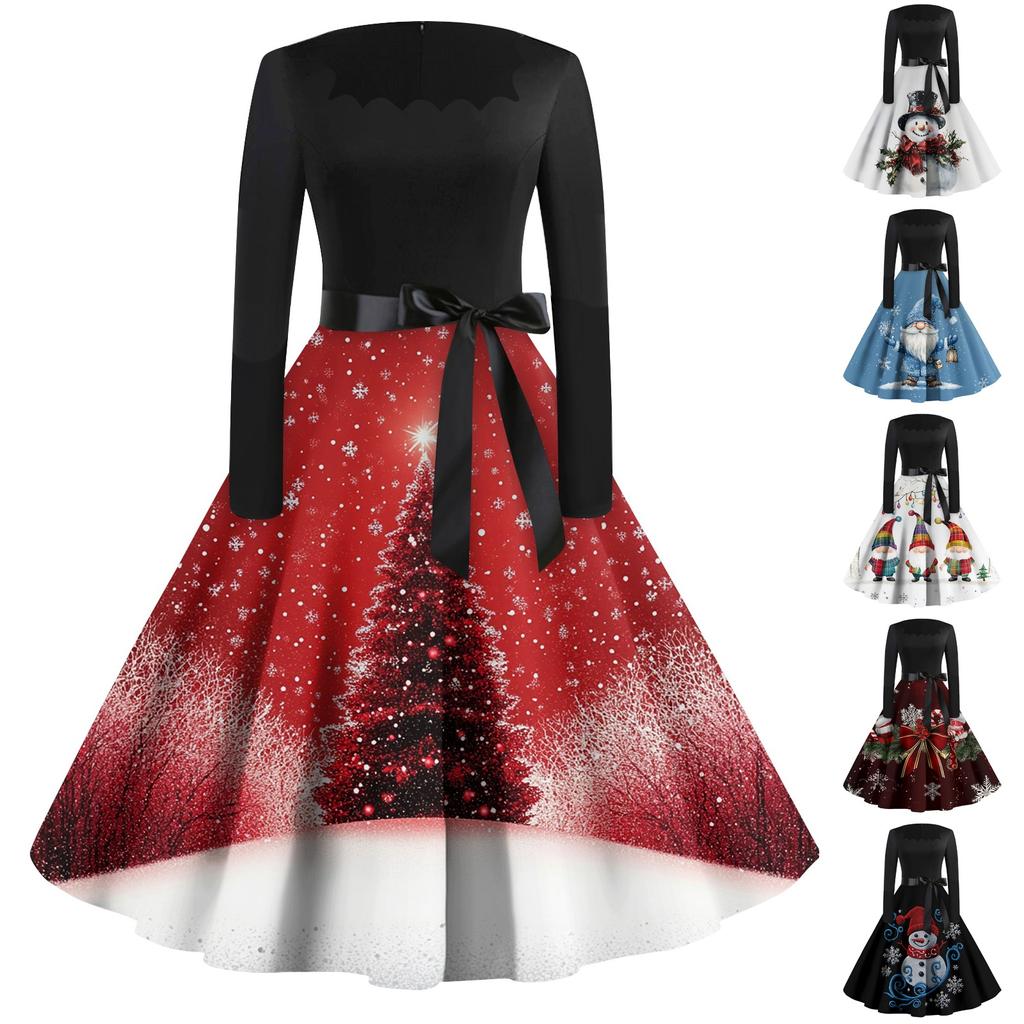 Dámské ležérní módní tištěné retro šaty se čtvercovým výstřihem a dlouhým rukávem