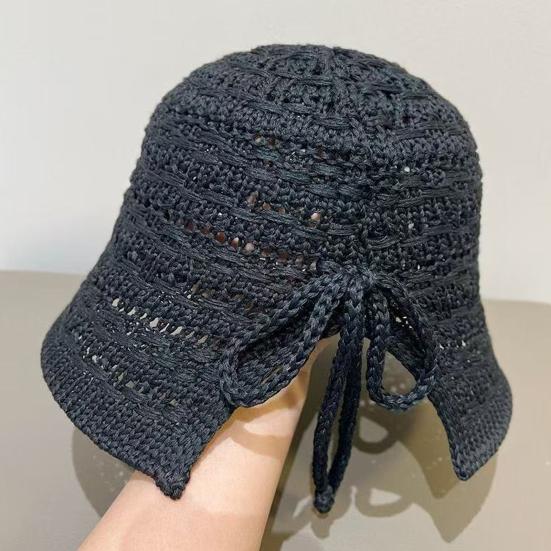 Summer Basin Hat Crochet Hollow Design Sun Protection Hat Wide Brim Back Slit Design Lace-up Knitted Outdoor Cap