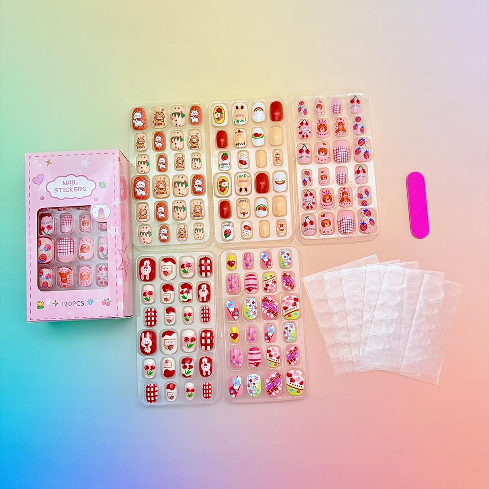 120Pcs Children's Press on Nails Kids Cartoon Acrylic Fake Nails Tips Kawaii Girl Full Cover Short False Nails With Jelly Glue#@