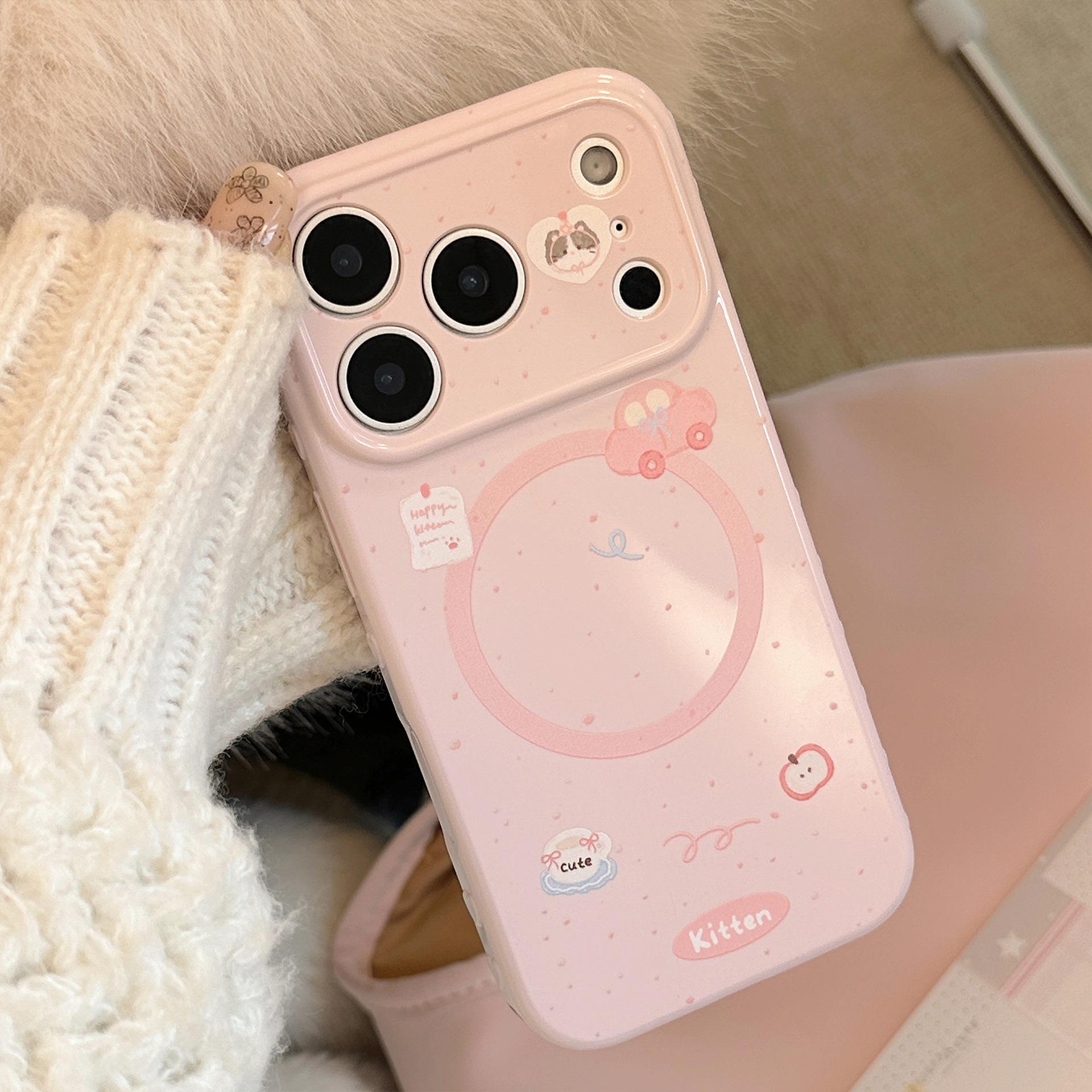 

Girly Pink Cute Cat Case for iPhone 13, 15, 16, 17 Pro Max with Magnetic Stand 16 Pro Max