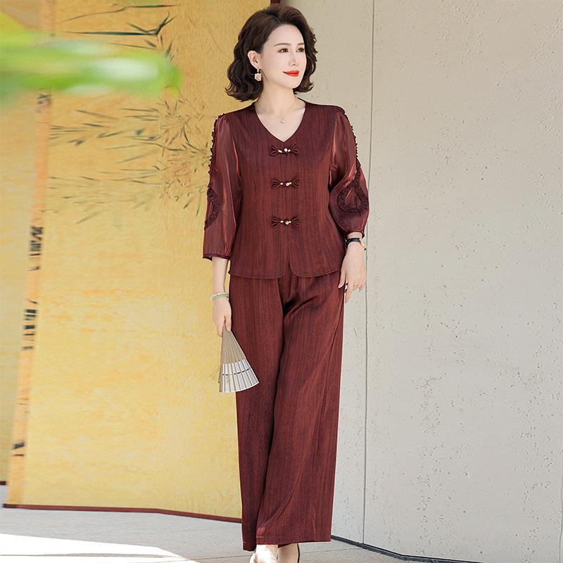 

Summer Chic: Elegant Two-Piece Set for Mothers - Wide-Leg Pants & Top for Middle-Aged and Elderly Women 4XL (130-145 jin)