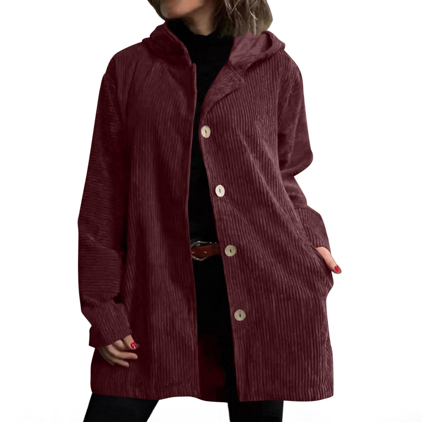 2025 Women s European & American Corduroy Hooded Loose Casual Cardigan Jacket XL вино красного