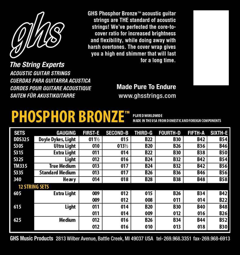 ghs Phosphor Bronze Acoustic Guitar S325 Strings, Light, 12-54,