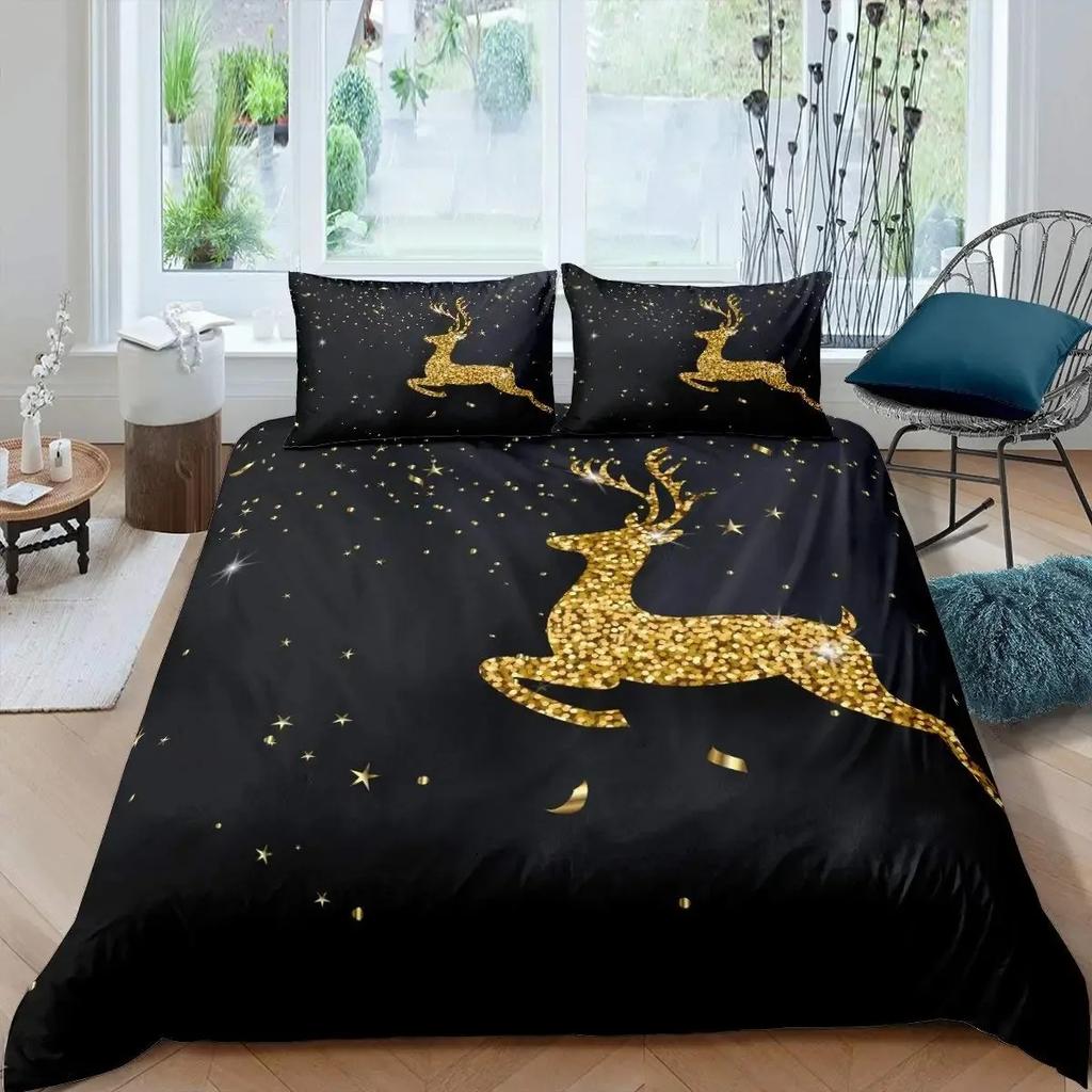 Gold Christmas Duvet Cover Set Gold Elk Xmas Printed Cartoon Christmas Festival Bedding Sets Full Queen Size with Pillowcase