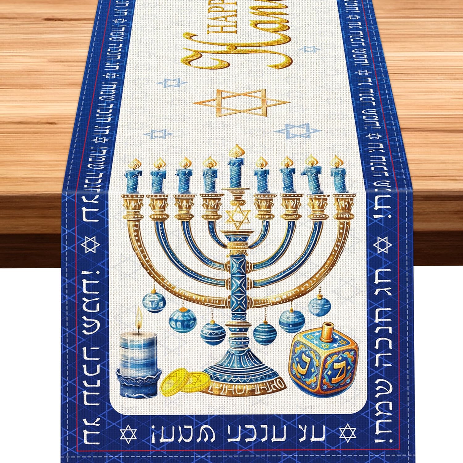Happy Hanukkah Table Runner with Menorah and Star of David for Chanukah Hanukkah Decorations Je Holiday Celebration Chanukah Table Runner for Home Happy Hanukkah
