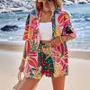 Summer popular printing elegant two-piece shirt short-sleeved top strap-up high-waisted shorts vacation style
