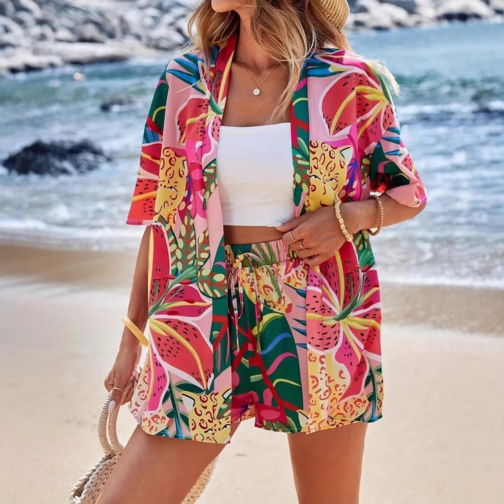 Summer popular printing elegant two-piece shirt short-sleeved top strap-up high-waisted shorts vacation style