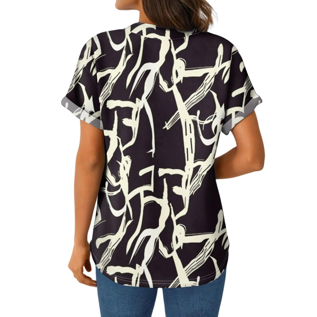 Ladies Casual Fashion V-Neck Button Floral Print Short Sleeve Top