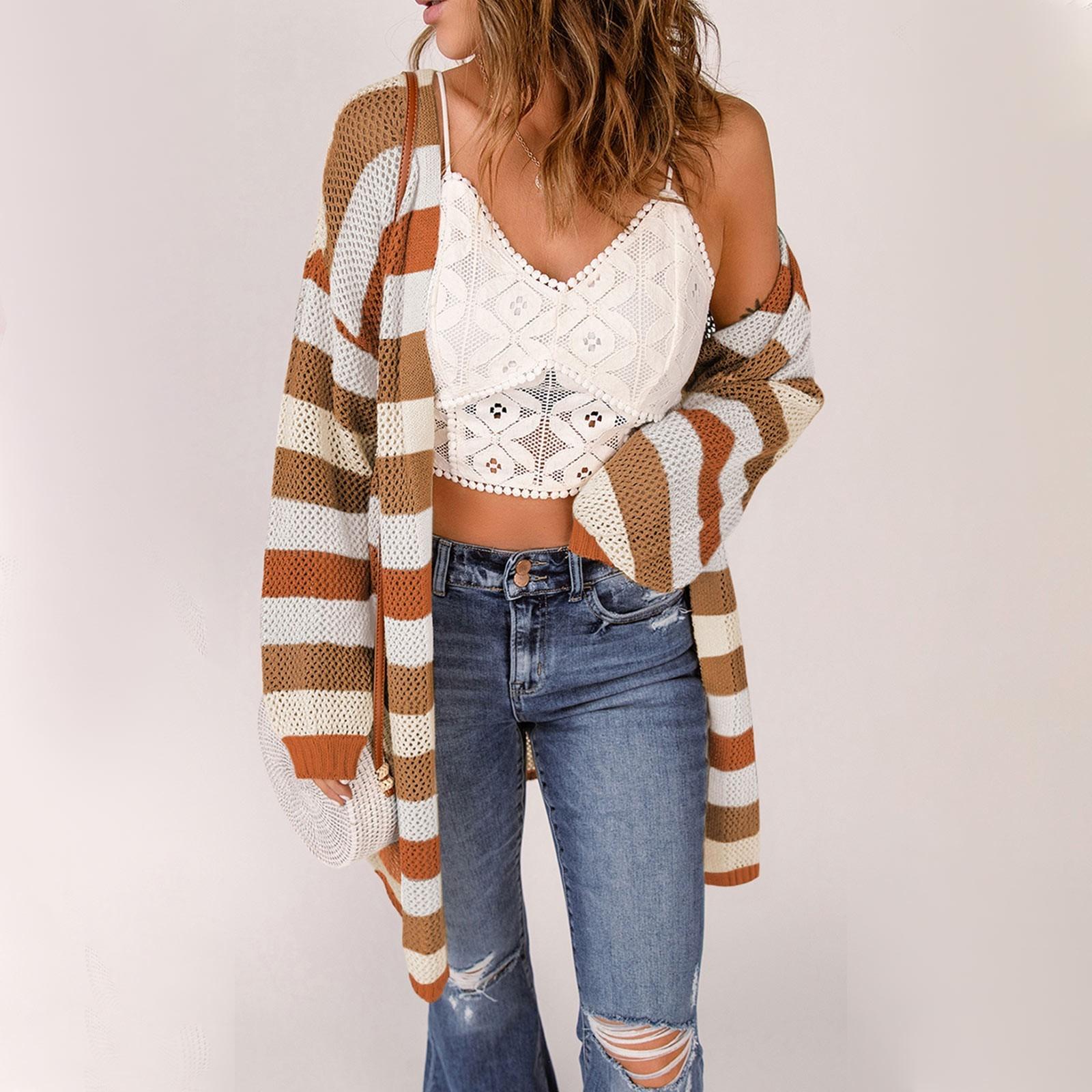 

Women s Solid Color Stripe Top Long Sleeve Cardigan Top Lightweight Long Jacket L коричневий