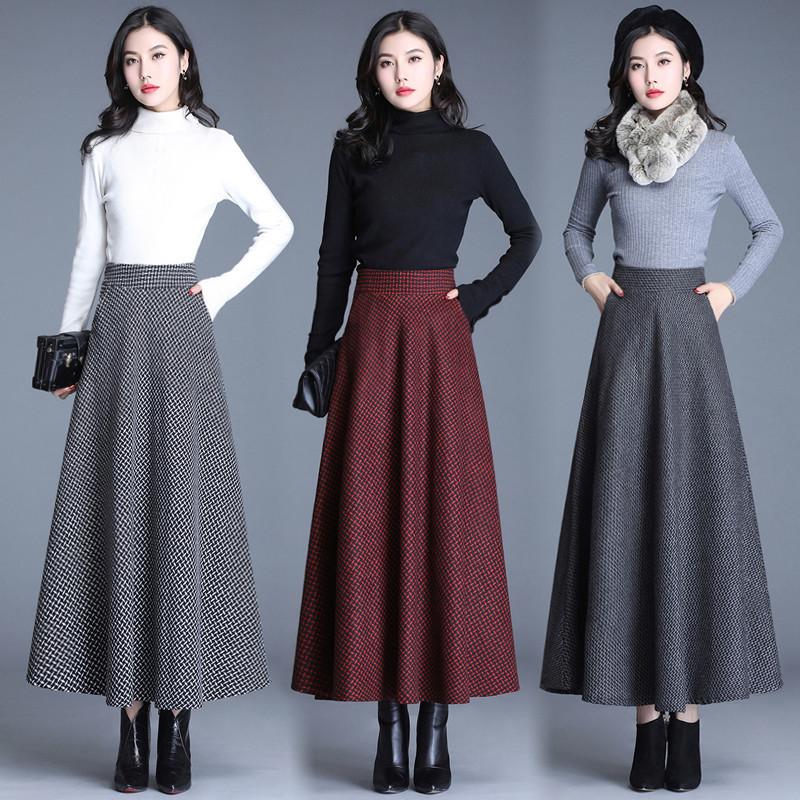 Women's Autumn and Winter Woolen Skirt Women's Plaid Printed Large Skirt Elastic Waist Pocket Long Skirt Women