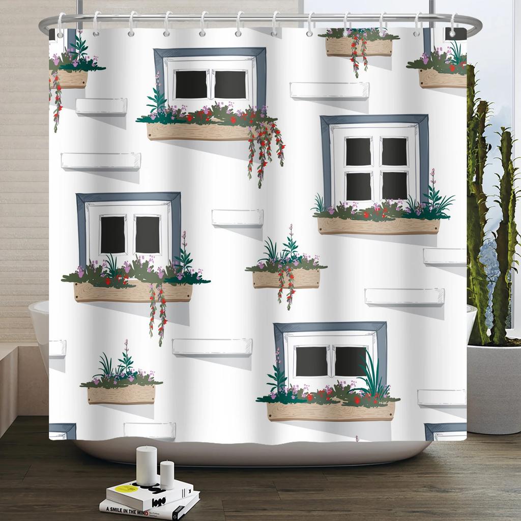 Green Potted Plant Shower Curtain Tropical Greenhouse Botanical Succulents Cactus Modern Aesthetic Waterproof Bathroom Curtain