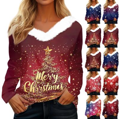 Damenmode Langarm Weihnachtstag Bedrucktes Plüschhals-Pullover-Oberteil mit V-Ausschnitt