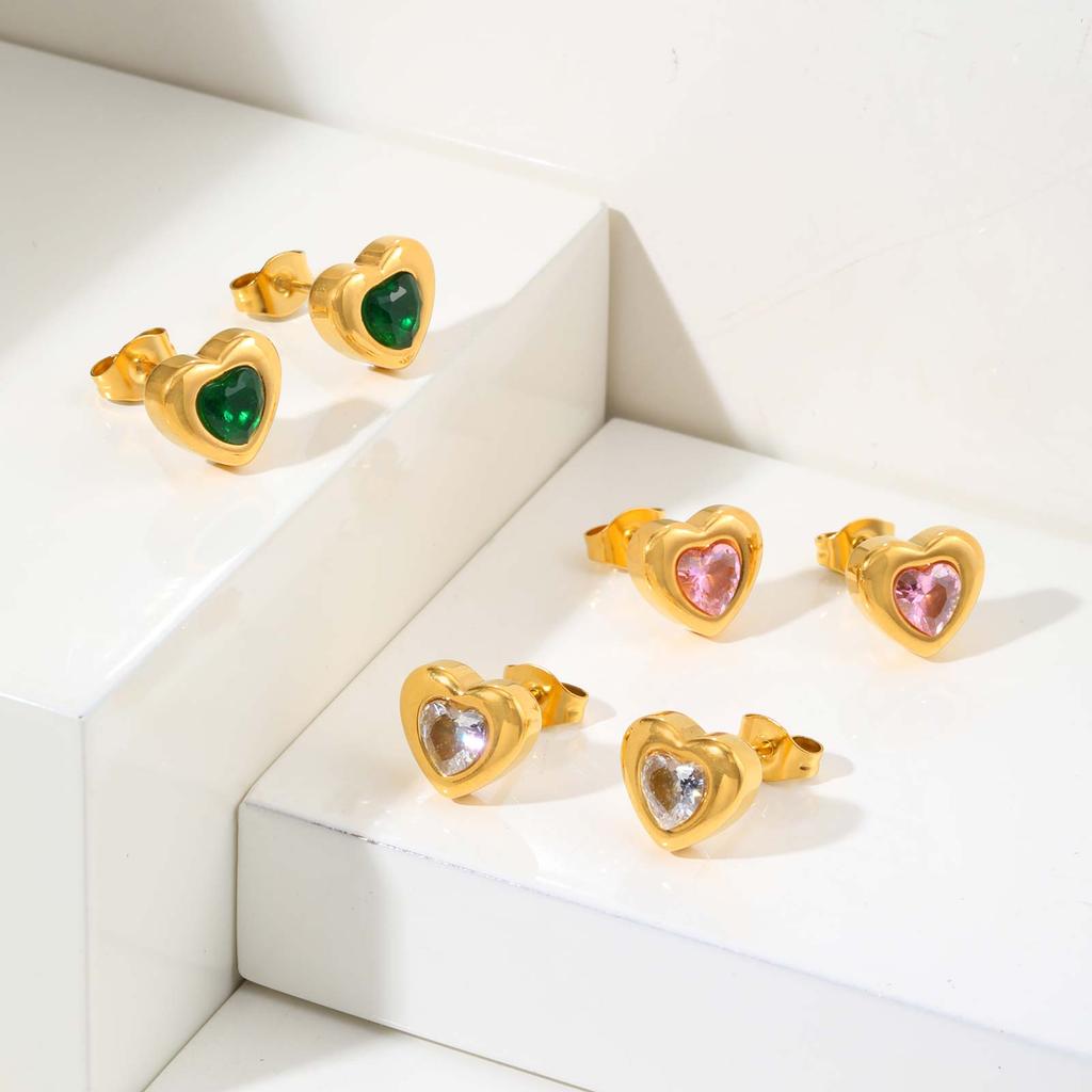 Chic Heart-shaped Zircon Stud Earrings,Gold Plated Stainless Steel Waterproof Earrings for Women,Exquisite Jewelry Gift