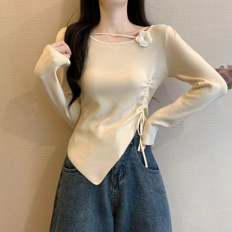 women floral applique ruched knit top square neck long sleeve form fitting casual solid color asymmetrical hem blouse S