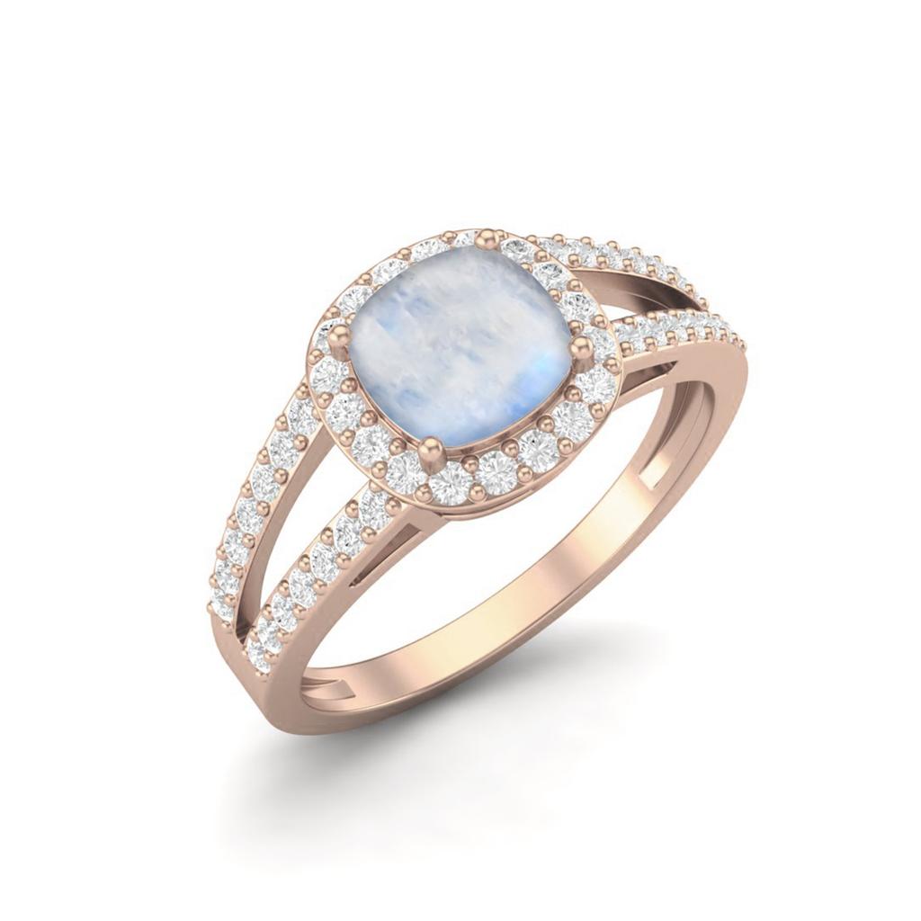 925 Sterling Silver Rose Vermeil 2.22 Cts Cushion Moonstone Solitaire With Accent Split Shank Wedding Women Ring